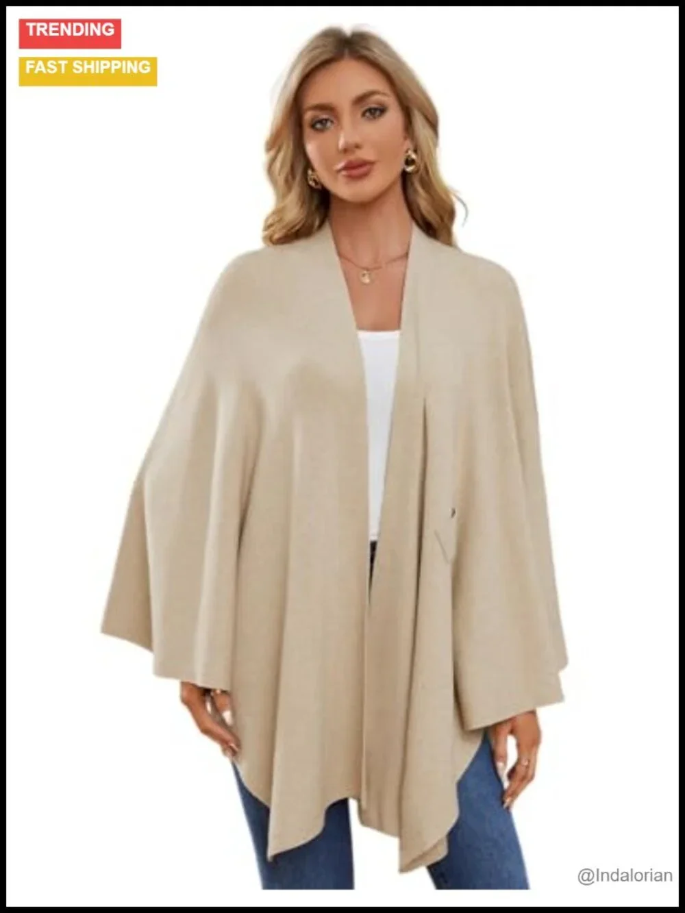 Elegant Shawl Wrap Open Front Poncho Sweater Soft Loop Tab Draped Cover